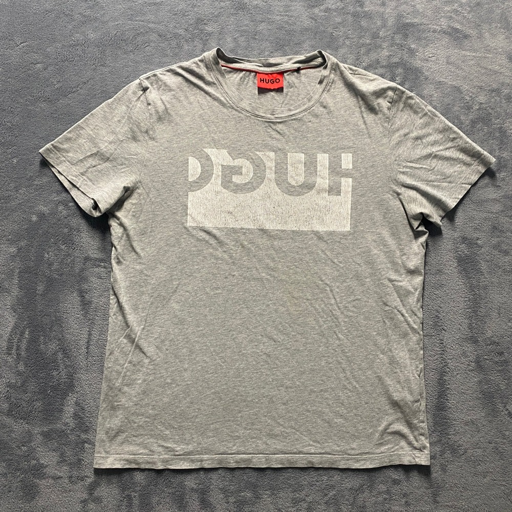 HUGO Hugo Boss Mens Medium Grey Inverted Graphic Logo T-Shirt Regular Fit Cotton